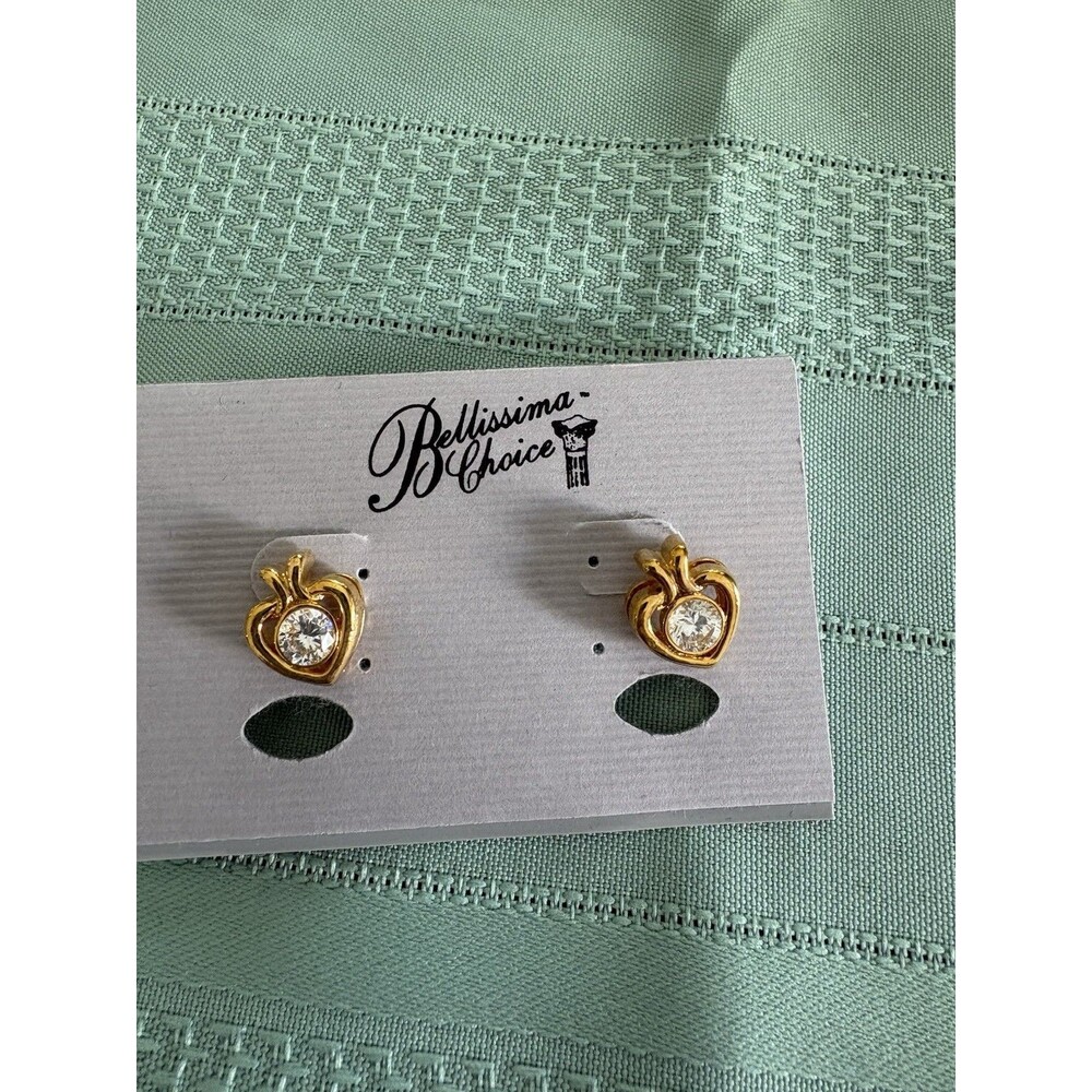 Mellissa Choice Heart Shaped GoldTone Rhinestone Earrings Studs New 1/2” NOS